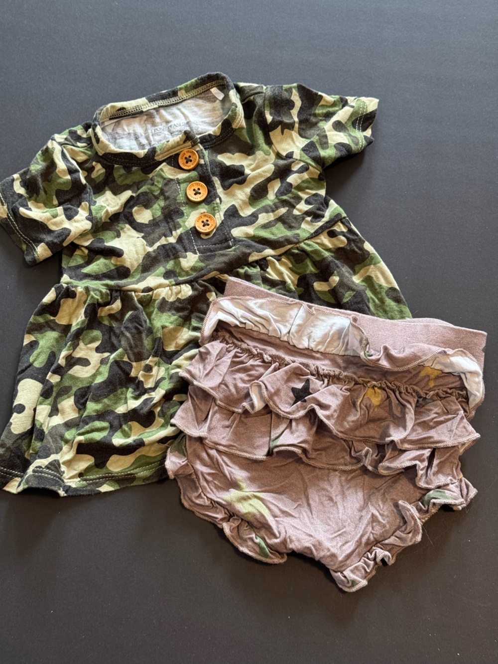 Posh Peanut Camo Dress and Ruffle Bloomer Set in Green and Brown
